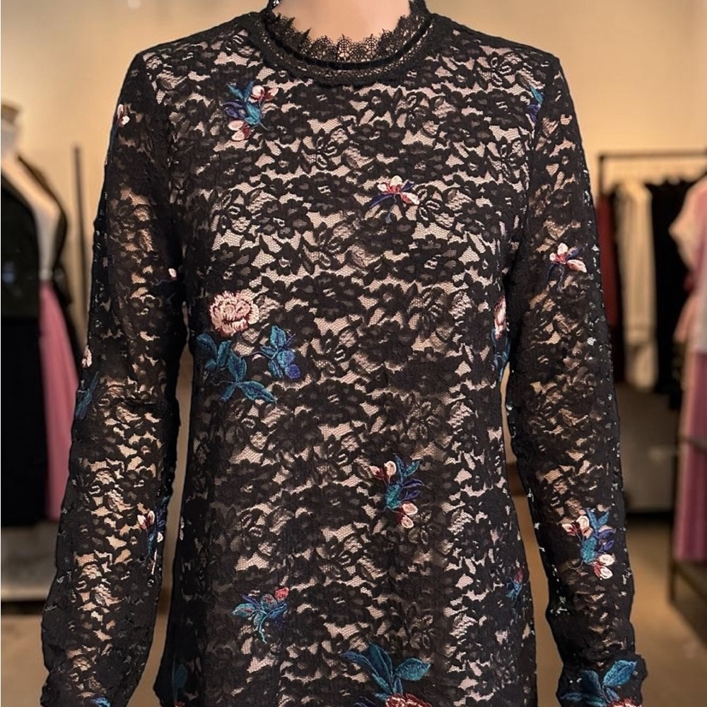 Ivanka Trump Black Lace Long-Sleeve Floral Embroidered Blouse